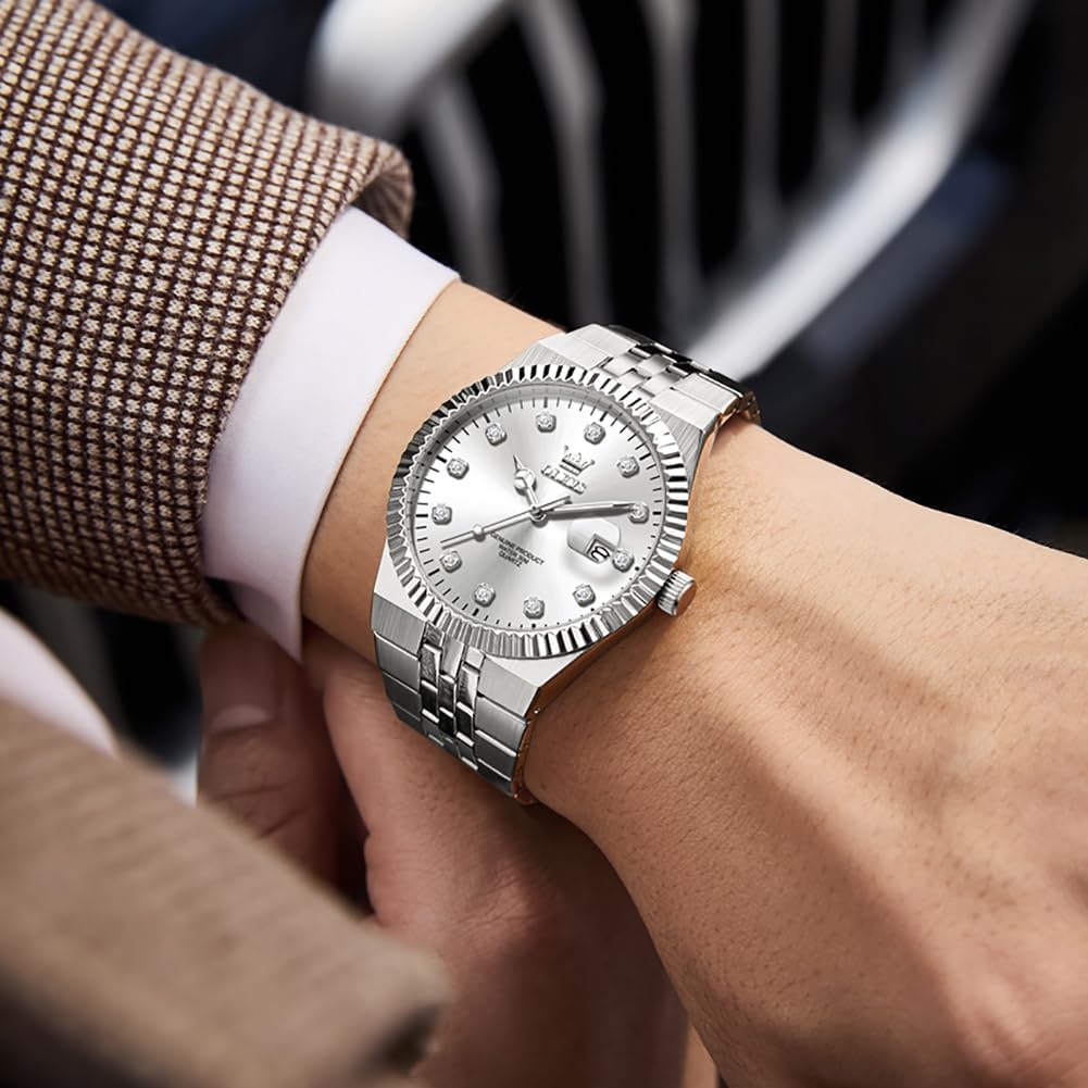 OLEVS Mens Watches Luxury Diamond Calendar Stainless Steel Male Watches Business Dress Waterproof Luminous Fashion Watch for Men