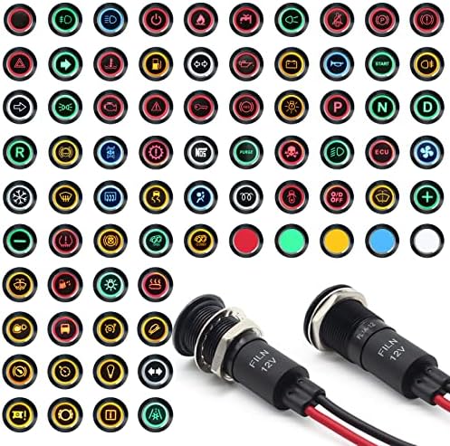 FILN 2 Pcs 12MM(1/2'') LED Indicator Light 180 Symbols Metal Dash with Wire Suitable for Car Dashboard Marine Truck Machinery Industrial Electrical Equipment (Black Anodized, [Red]/ 2 Pcs)