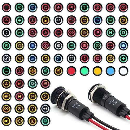 Filn 2 Pcs 12Mm(1/2'') Led Indicator Light 180 Symbols Metal Dash With Wire Suitable For Car Dashboard Marine Truck Machinery Industrial Electrical Equipment (Black Anodized, [Red]/ 2 Pcs) #TOP2