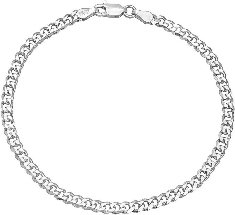 The Bling Factory 3.5mm Solid .925 Sterling Silver Flat Curb Chain Bracelet, 9 inches