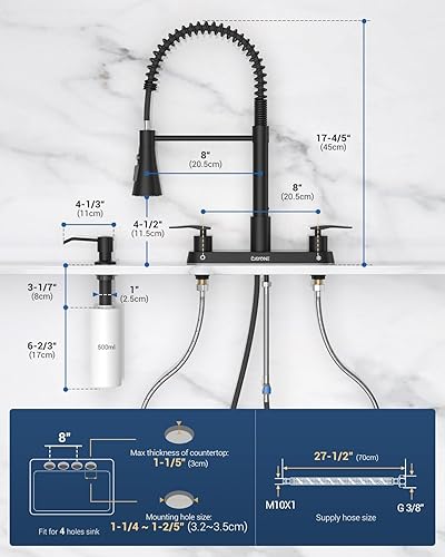 Miniatura 10 de DAYONE DAY-CR2001 - Grifo de cocina con rociador lateral de 2 manijas, níquel cepillado, 8 pulgadas, 4 agujeros, grifo de fregadero de acero