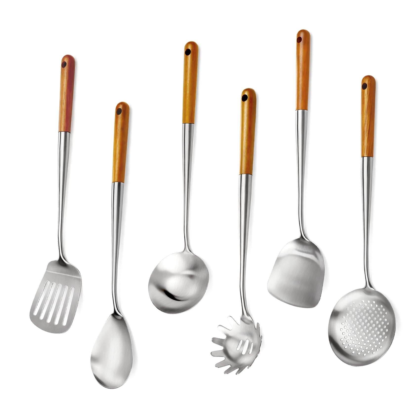Set di 6 utensili da cucina commerciali in acciaio inox con manici in legno, set di utensili da cucina lunghi in metallo, include spatola wok, mestolo, schiumarola, spatola scanalata, cucchiaio per