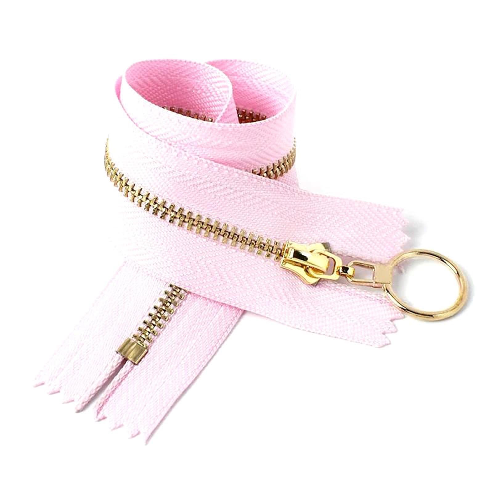 10Pcs 3# Metal Zipper Gold Teeth Zippers O Ring Puller Zippers, Pink, 15Cm