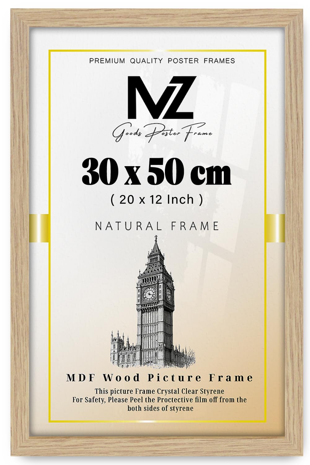 MZ GOODS | Oak 0' 12" x 1' 8" Poster Frame (30 x 50 CM) Museum Quality, Ideal for Art Enthusiasts, Ready to Hang High-Definition Prints 20 x 12 Inch [ Oak ]