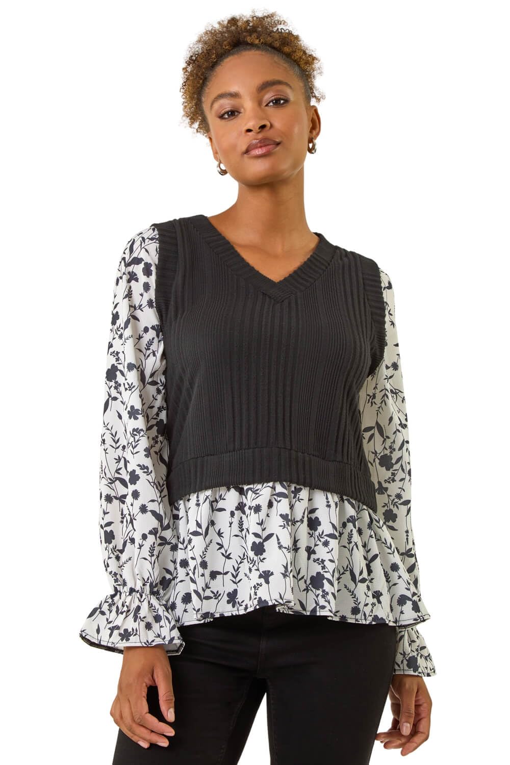 Roman Originals Floral Mock Shirt Jumper for Women UK - Ladies Everyday Autumn Winter V-Neckline Comfy Soft Evening Vacation Work Party Night Out - Black - Size 18