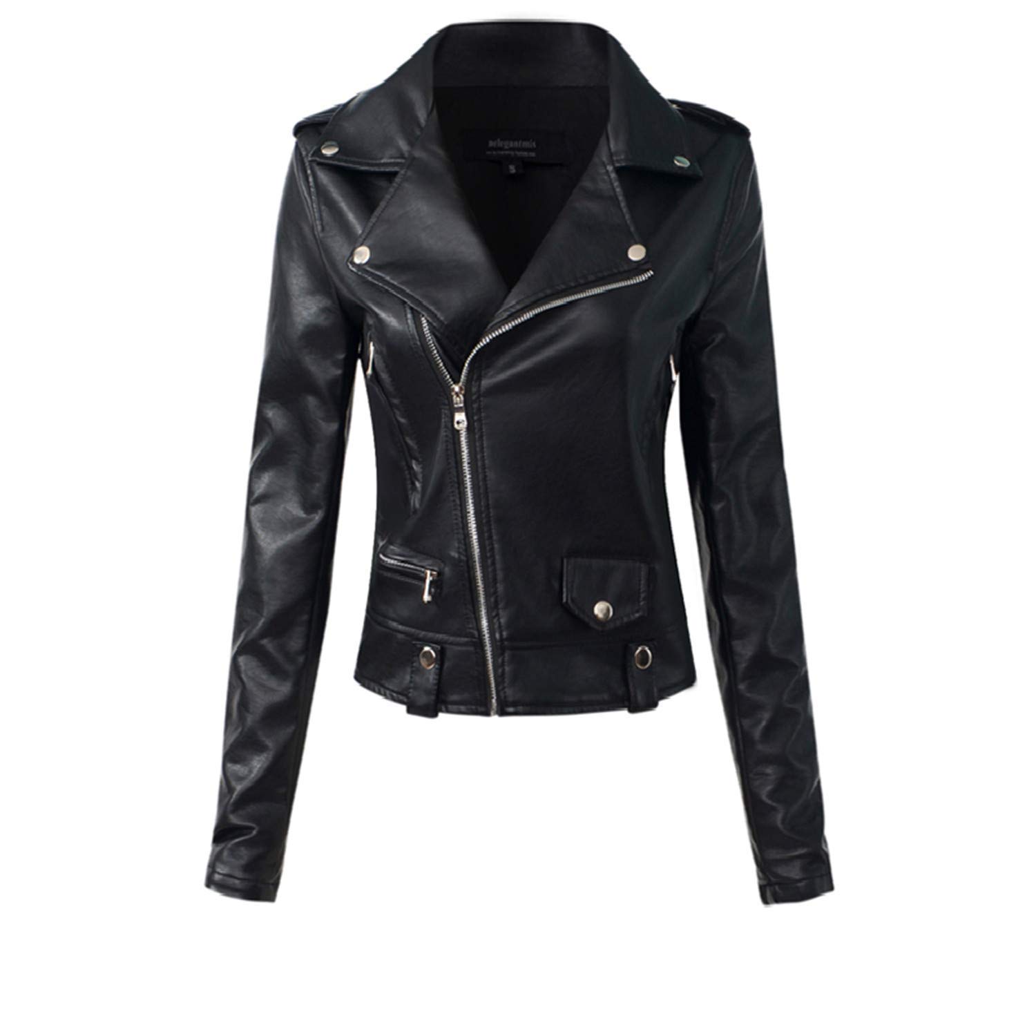 100% Safe Casual PU Leather Et Women Classic Zipper Short Motorcycle ETS Lady Autumn Winter,Medium,Black161,