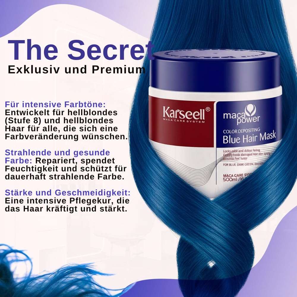Karseell MACA CARE SYSTEM Blaue Pigment Haarmaske Tönung Farbauffrischung Verstärkt Kühle Blautöne Hydratisiert Repariert Anti-Frizz Für Trockenes Beschädigtes Coloriertes Haar 500ml