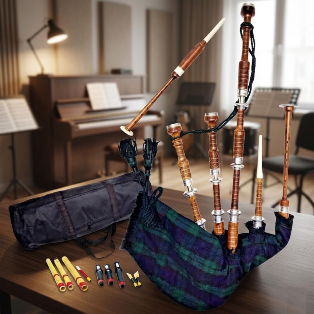 Scottish Great Highland Bagpipe Full Set Green Tartan Handmade Wooden Bagpipe with Silver Mounts, Complete Traditional Musical Instrument Kit