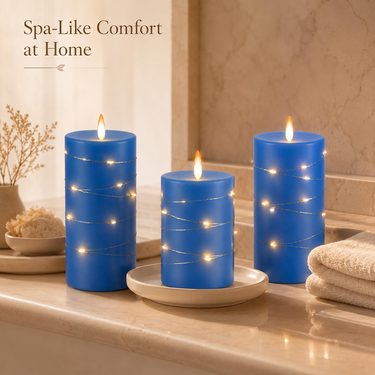 Upinmz Candele blu tremolanti senza fiamma con luci a stringa incorporate, candele a batteria con telecomando e timer, candele LED senza fiamma per decorazione domestica, in vera cera, set di 3