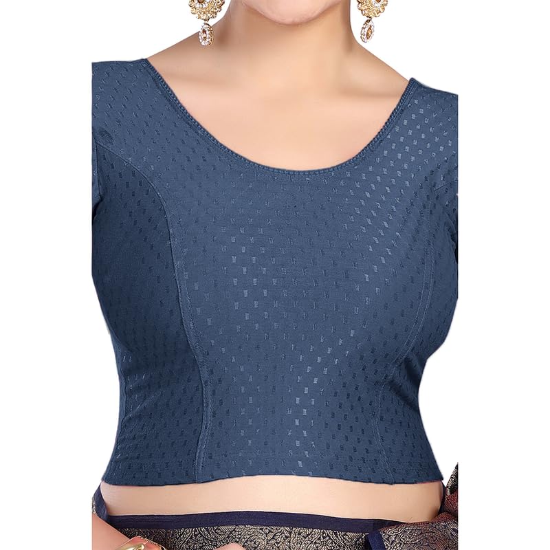 Image of FINESTFIT Round Neck Stretchable Elbow Sleeve Readymade Saree Blouse for Women, 100% Cotton Dobby Fabric