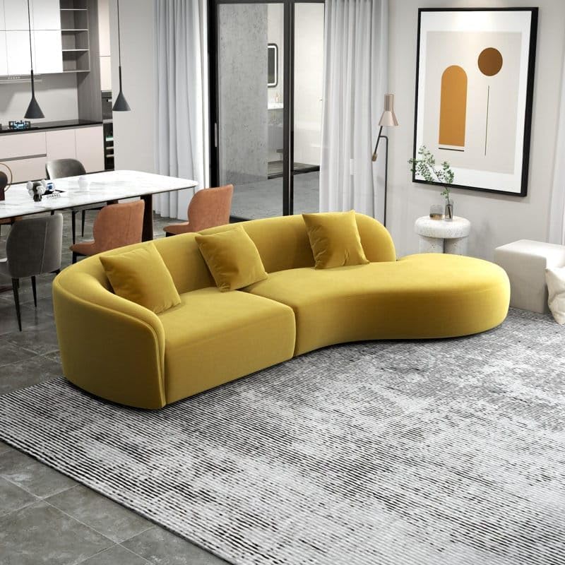 Image of 110.24 inch Modern Futuristic J- Style Curved Velvet Sofa, Sectional Sofa Round Arm with Soft Pillow for Living Room, Bedroom, Hallways (Yellow)