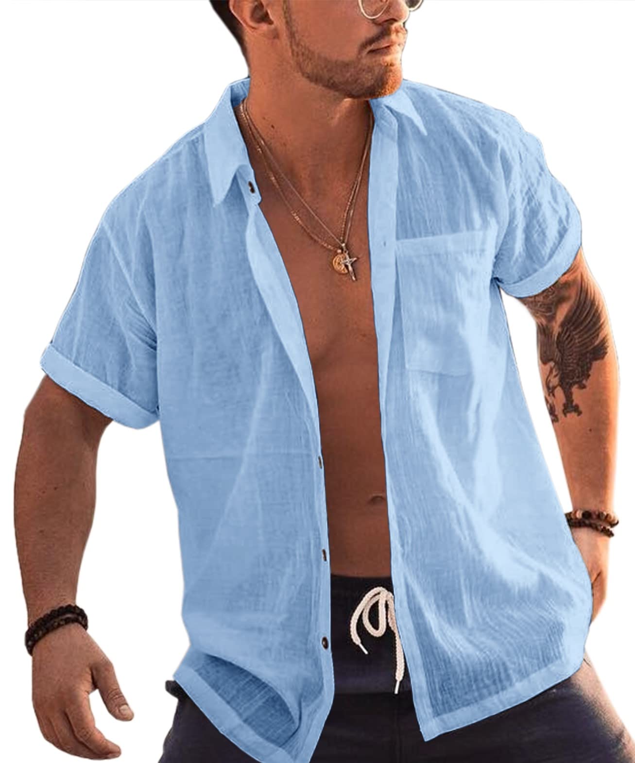 Runcati Hemd Herren Kurzarm Strandhemd Baumwolle Leinen Umlegekragen Sommerhemd Freizeit Shirts für Männer