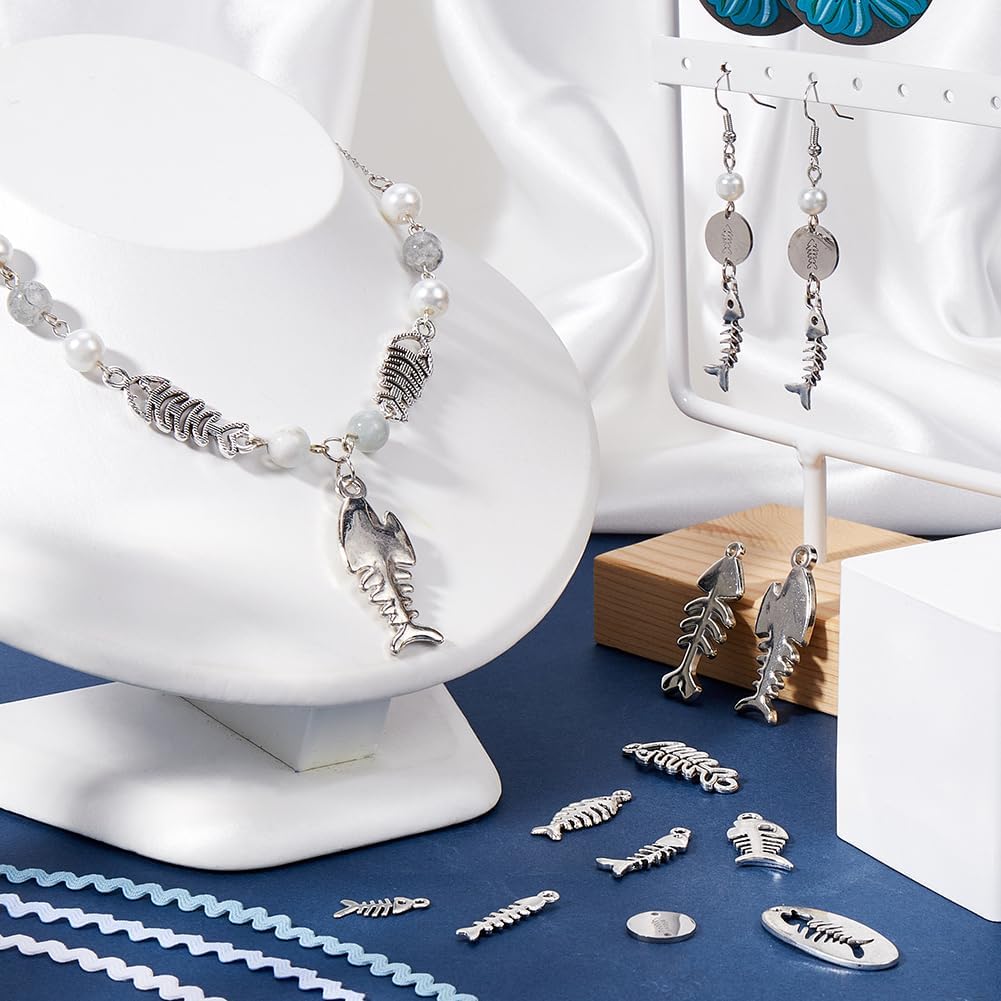 1 Box 100Pcs 10 Styles Fish Bone Charms Fish Skeleton Charm Silver Alloy Metal Hollow Antique Nature Ocean Animal Pendants for Jewelry Making Findings DIY Necklaces Earrings Adults Crafts - Image 3