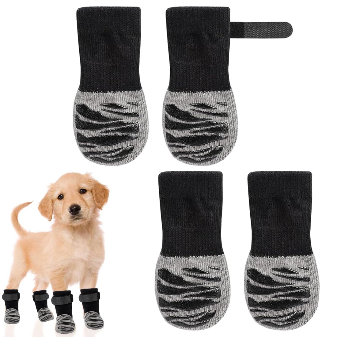Chaussettes Antidérapantes pour Chien, Protection Coussinet Chien, Chaussure Chien, Réglables Chaussettes Chien avec Adhérence, Pour Petits Chiens, Chaussettes Chat (4 Pièces, Noir, S)