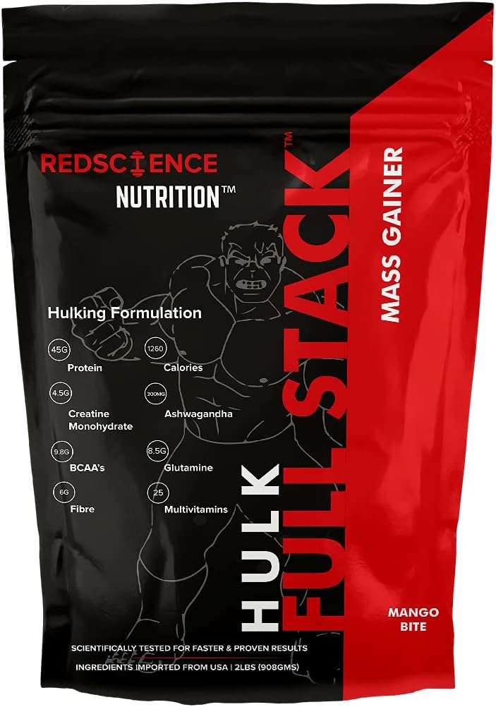 Redscience Nutrition FULL STACK™ Hulk Mass Gainer Powder, Pack of 907 gm (With Creatine, BCAAs, Glutamine, Ashwagandha, Fibres & Multivitamins)