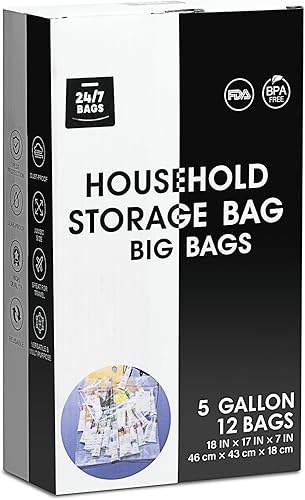 12 X-Large Plastic Storage Bags, 5 Gallons, Zero BPA, Double Zipper Seal, 3 Mils Thick, Double Layer Carry Handle
