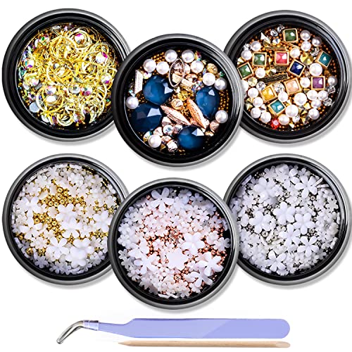 DANNEASY 6 Boxes Nail Charms 3d Flower Nail Art Charms Nail Rhinestones Gold Nail Beads Nail Gems Nail Studs Nail Jewelry With 1Pc Tweezers, Picker Pencil