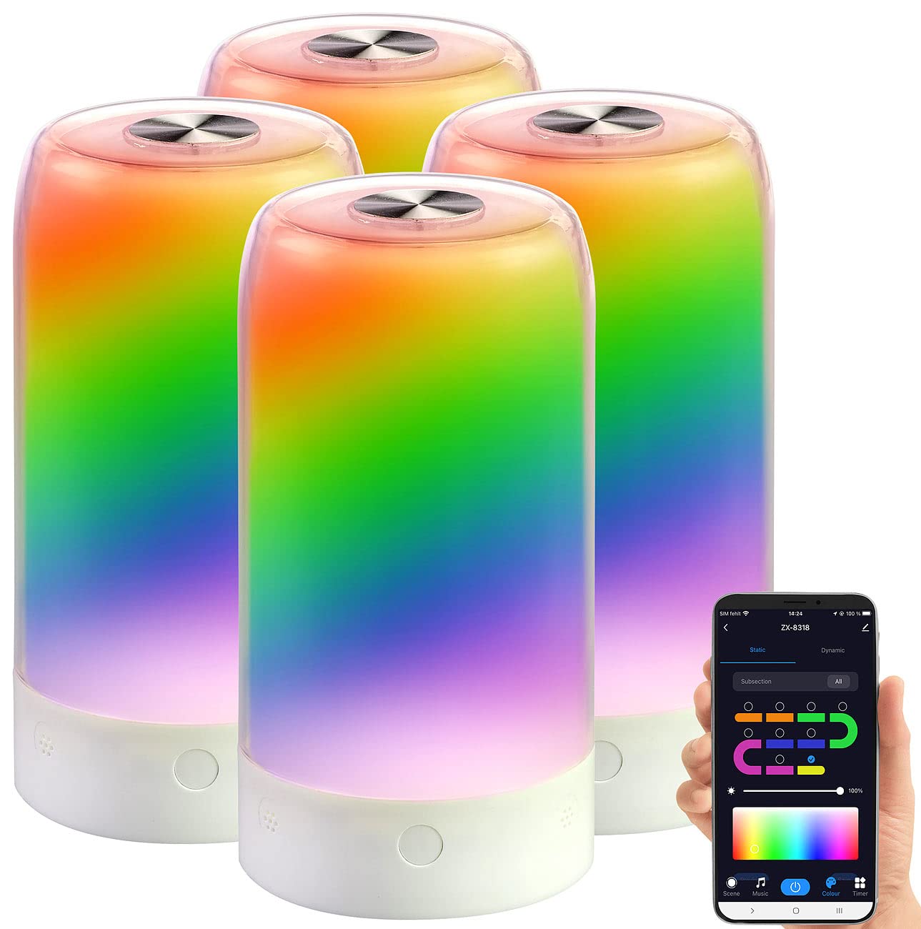 Luminea Home Control RGB-LED-Tischleuchte: 4er-Set smarte Stimmungsleuchten mit RGB-IC-LEDs, 15 Modi, WLAN, weiß (Multicolor Leuchte, Touchlampen, Baby)