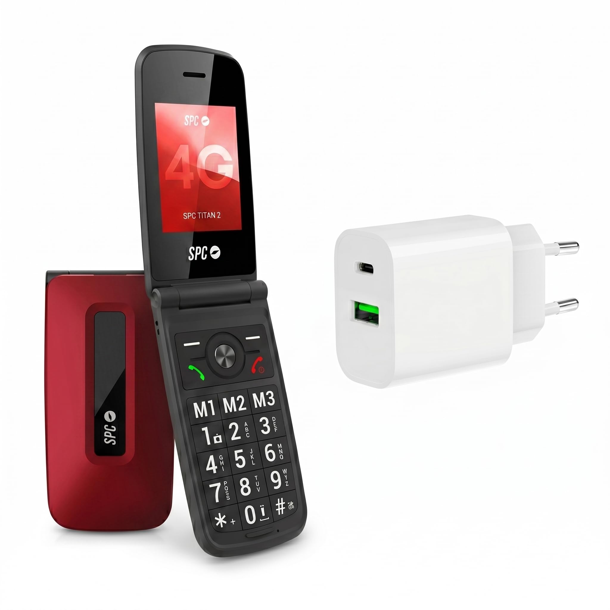 SPC Titan 2 + Cargador 20W | Teléfono móvil de para Mayores con Teclas Grandes, 4G, Timbre Alto, 2,4” | Fácil de Usar y configuración remota | 3 memorias directas | 7 días batería | Rojo