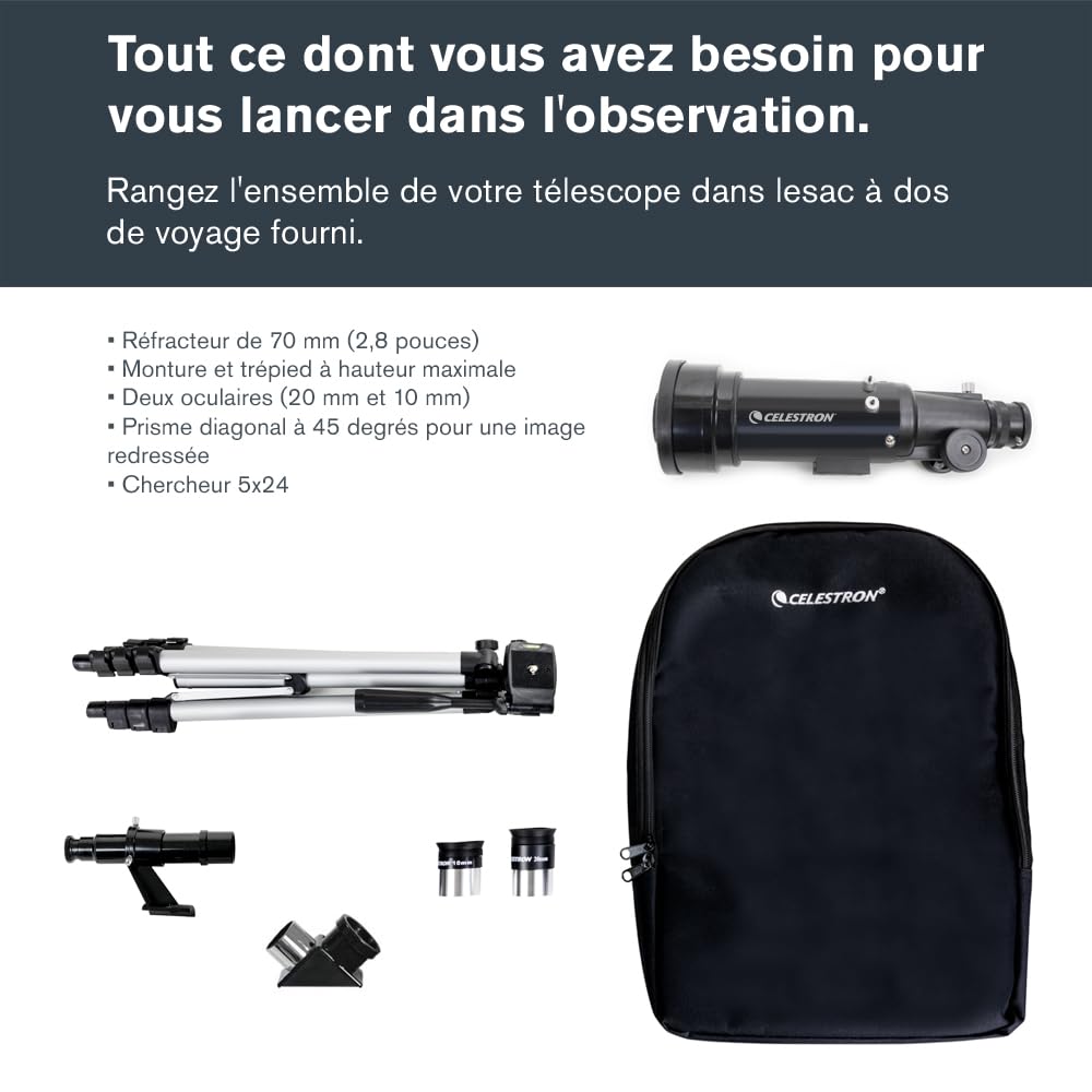 Celestron 21035-ADS Travel Scope 70 Refractor Telescope Kit with Backpack, Black (Amazon Exclusive Including Additional 4mm Eyepiece and 3X Barlow Lens)