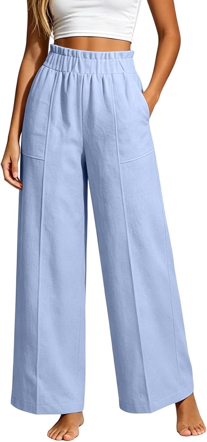 Women's Lightweight Wide Leg Pants with Pocket, Ladies Vacation Palazzo Trousers Loose Comfort Beach Pant with Pocket