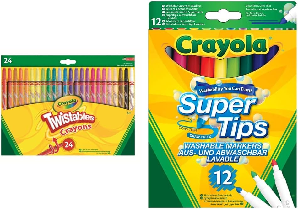 CRAYOLA Twistables Colouring Crayons - Assorted Colours (Pack of 24) & SuperTips Washable Markers - Assorted Colours (Pack of 12) | Premium Felt Tip Pens That Can Easily Wash Off Skin & Clothing
