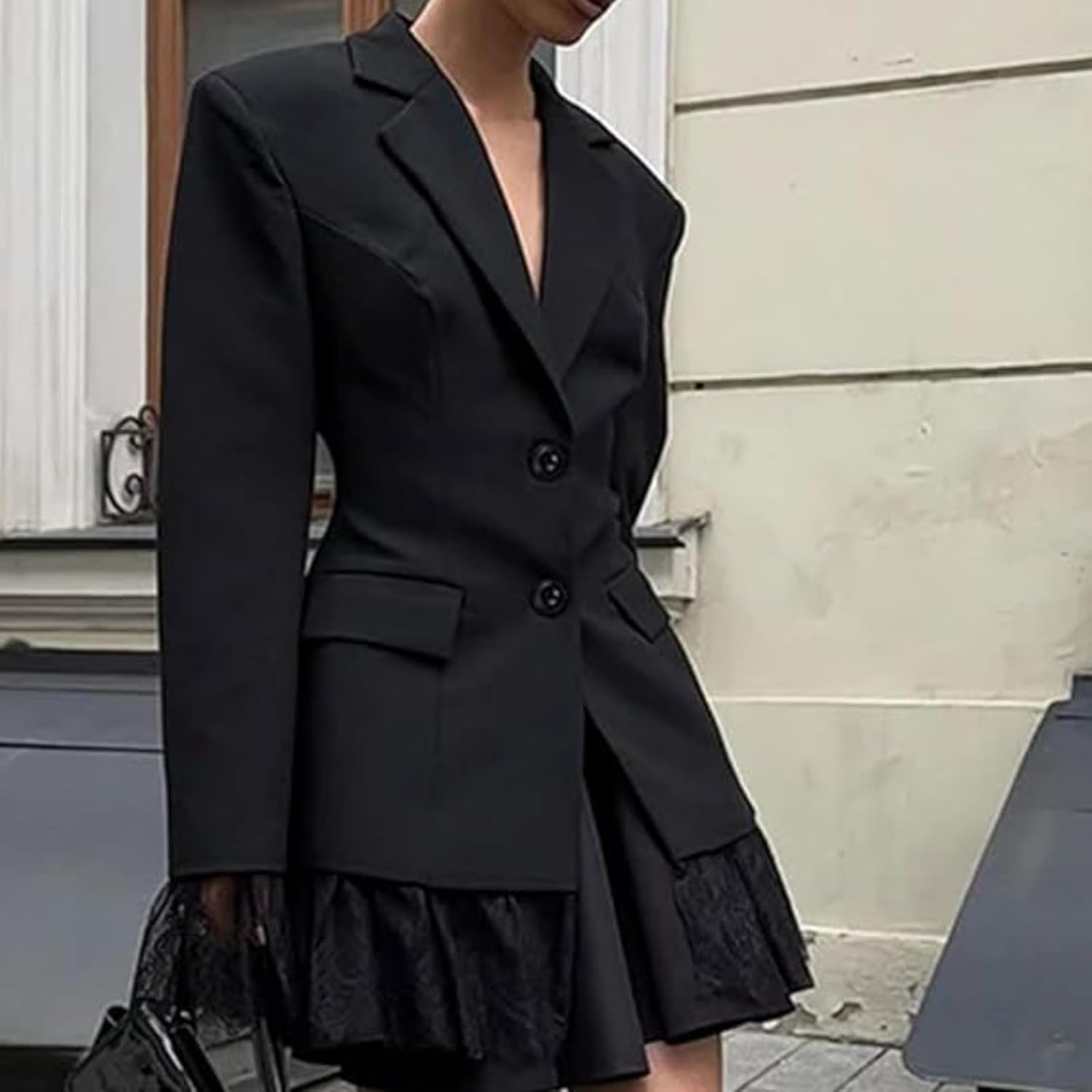 Womens Lace Blazer Peplum Button Lace Trim Long Sleeve Notched Lapel Blazer Open Office Casual