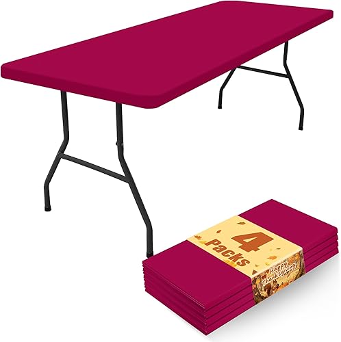 Miniatura 10 de Paquete de 4 manteles rectangulares de elastano de 6 pies, elásticos y ajustables para pícnic, elásticos y lavables para exteriores, campamentos