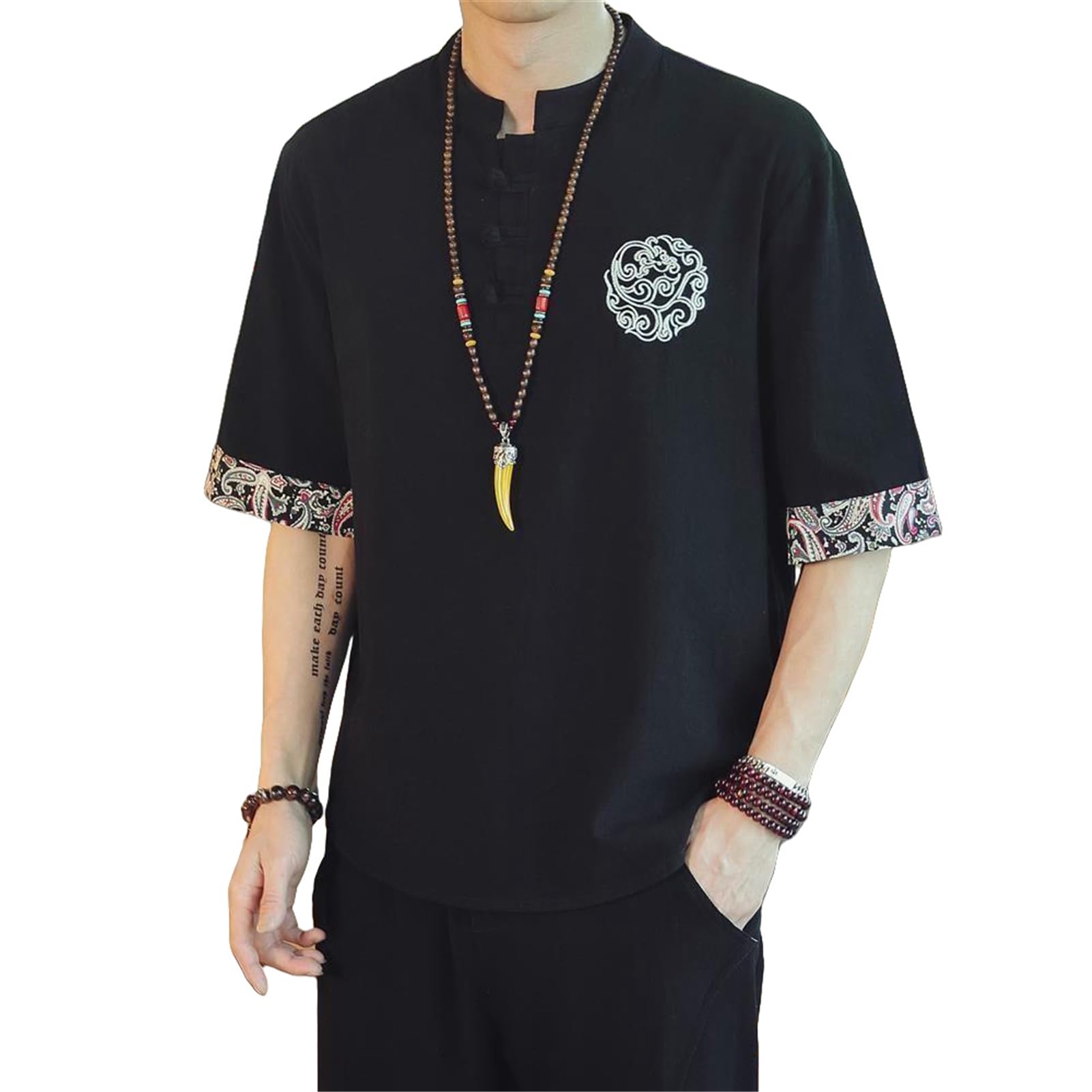 Camisa transpirable de lino contra el calor con cuello alto tradicional 8