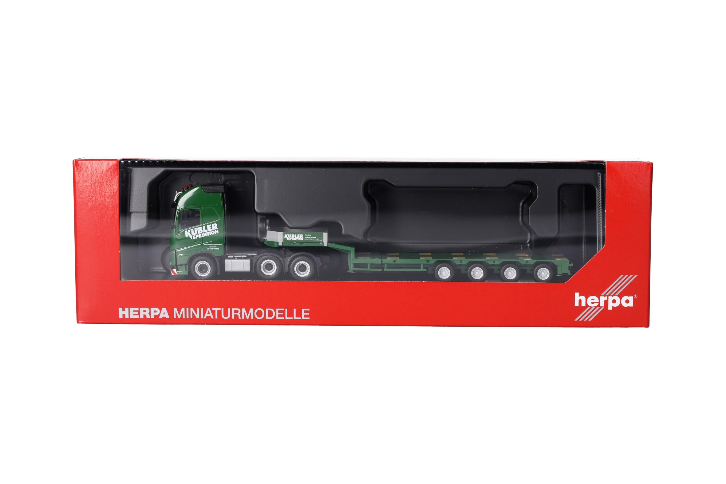 Herpa Model ciężarówki Volvo FH GL XL 2020 naczepa niskopodwoziowa "Kübler", miniatura w skali 1:87, kolekcjonerski, Made in Germany, plastik