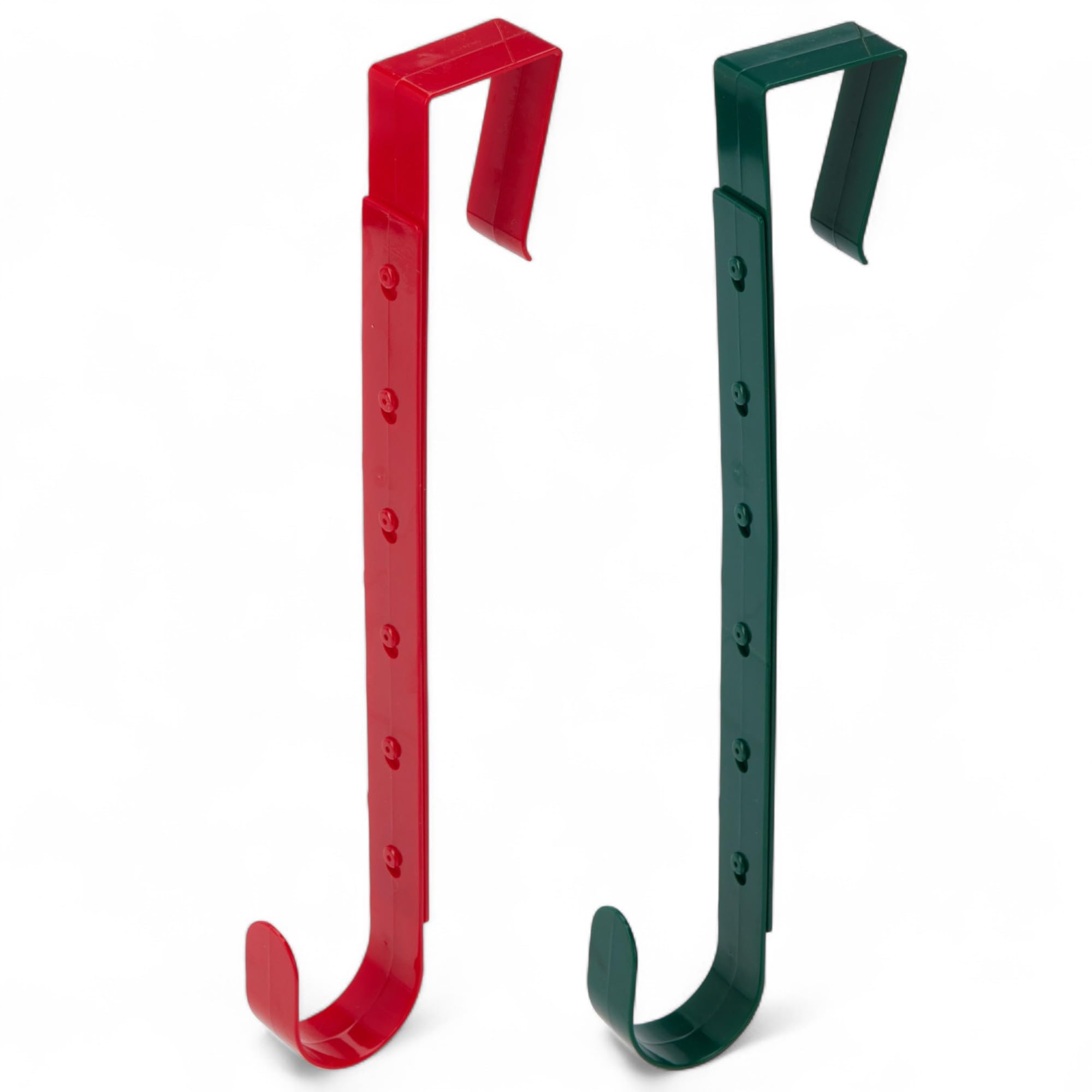 MIJOMA Gancio per ghirlande, in plastica, resistente alle intemperie, regolabile, 32-52 cm, gancio per porta, finestra e gancio decorativo (set da 2 pezzi, rosso e verde)