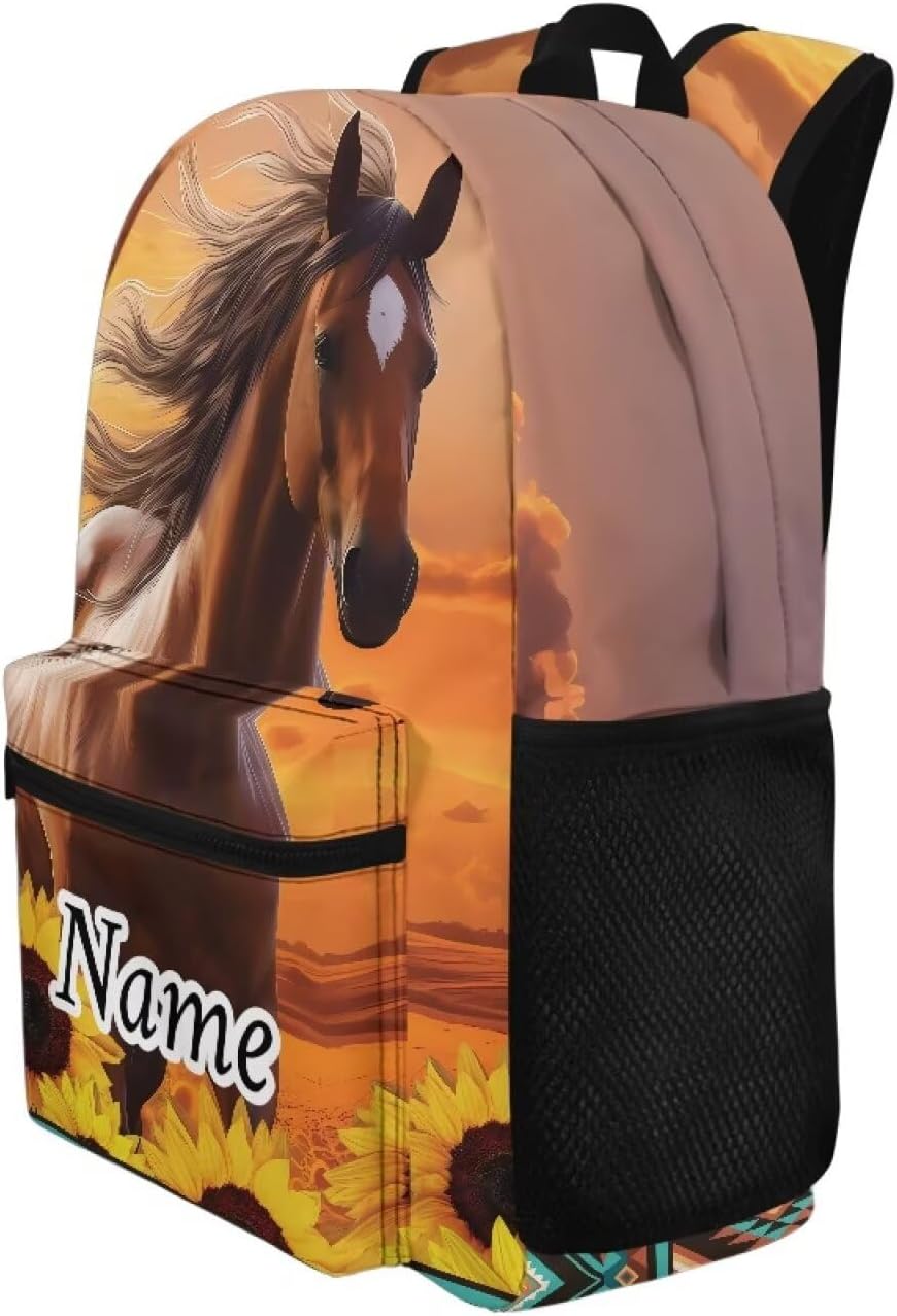 Customized Kids Backpack Girls Toddler Girls Horse Backpack for School Age 5 Custom Name Students Sunflower Back Pack Travel Knapsack Daypack