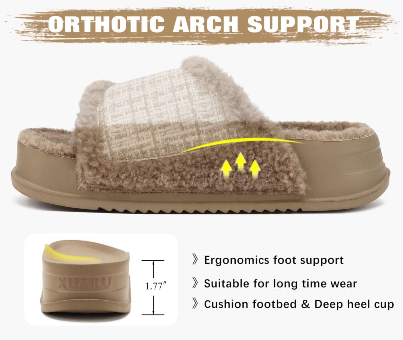 KuaiLu Cushion Slippers For Women with Orthotic Arch Support Wide Adjustable Open Toe Flatform Furry Fur Sandals Warm Teddy Fleece Recovery Slides Slip On House Shoes Indoor Outdoor, Beige US7 - Image 4
