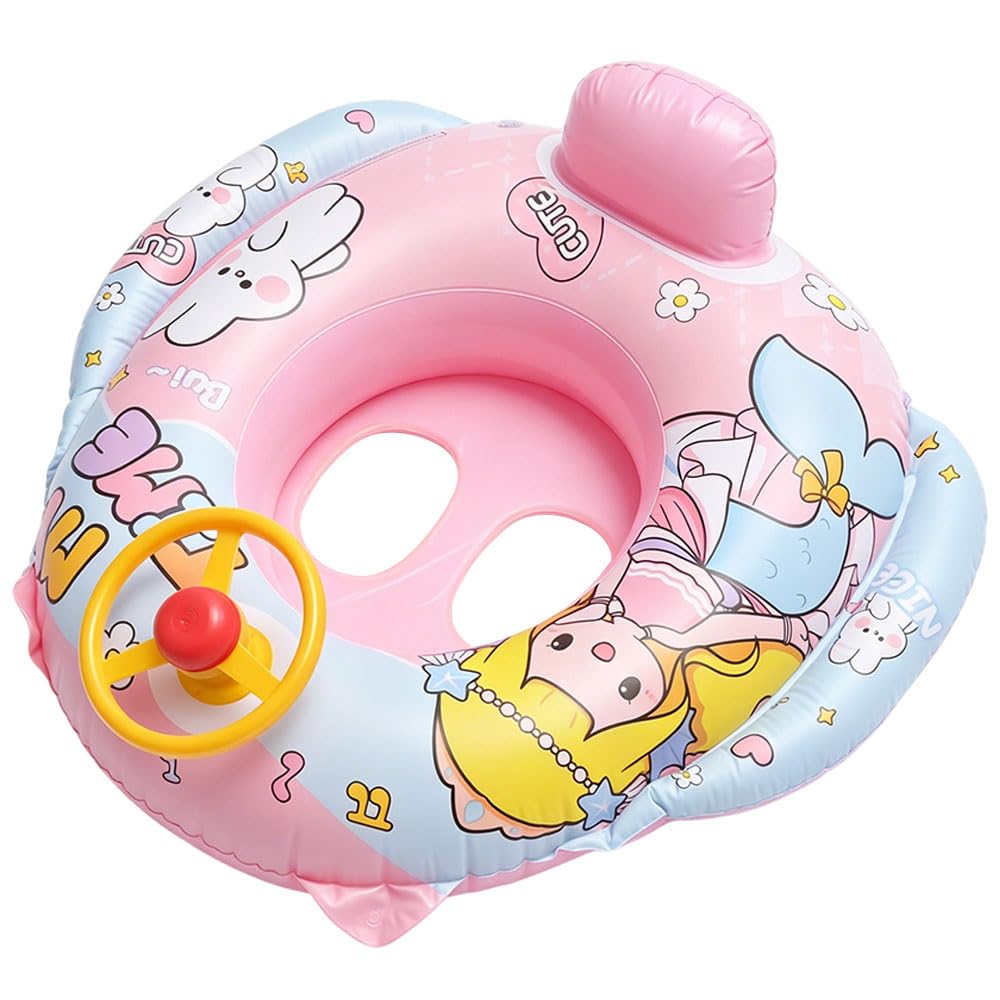 Baby Swimming Float, Inflatable Baby Pool Float with Safety Seat, Cute Baby Swimming Ring with Steering Wheel & Handles, Toddler Swim Ring for Girls Boys 2-6 Years, Beach, Pool, Bathtub, Pink