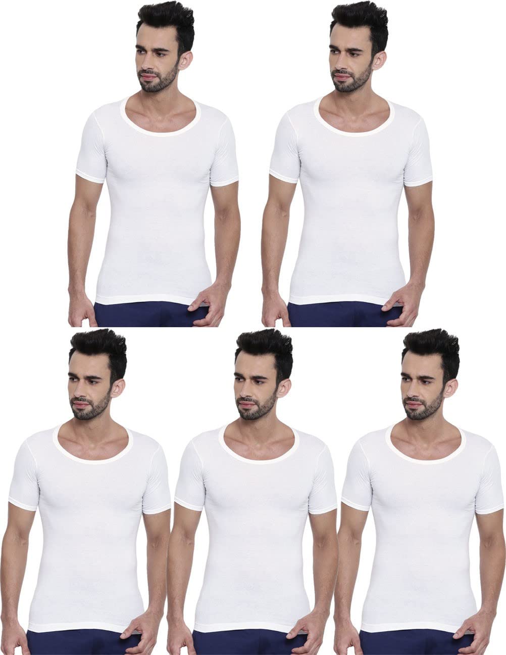 Cotton Plain/Solid Half Sleeve White Men's Vest - Pack of 5 (#Clasz-RNS-110 CM)-image-30