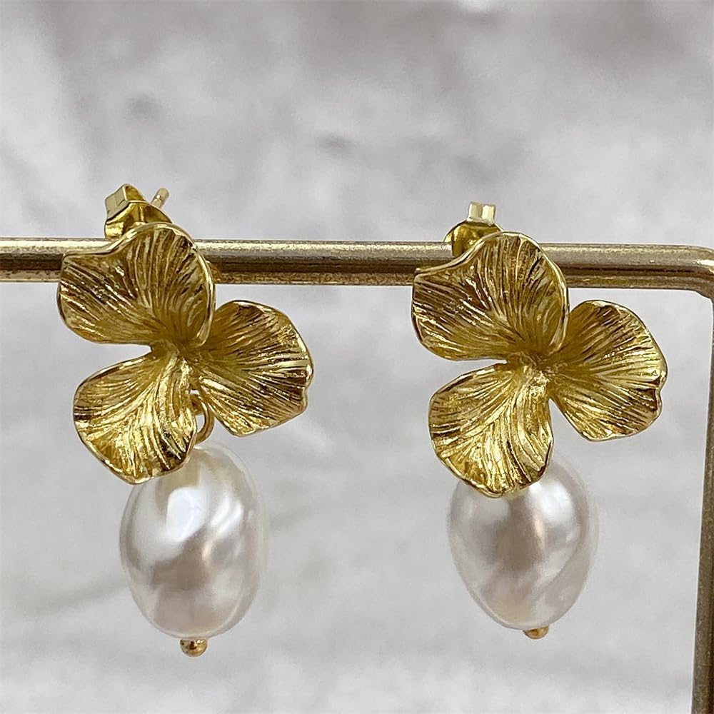 Petals Floral Pearl Dangle Drop Earrings for Women Minimalist Pearls Dangling Charm Earrings Flower Stud Earrings Sunflower Pierced Earrings Jewelry - Image 4