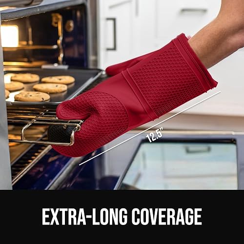 Miniatura 221 de GORILLA GRIP Juego de 4 manoplas de horno de silicona suave sin BPA y soportes para ollas, resistentes al calor, forro de algodón grueso, agarre Rojo