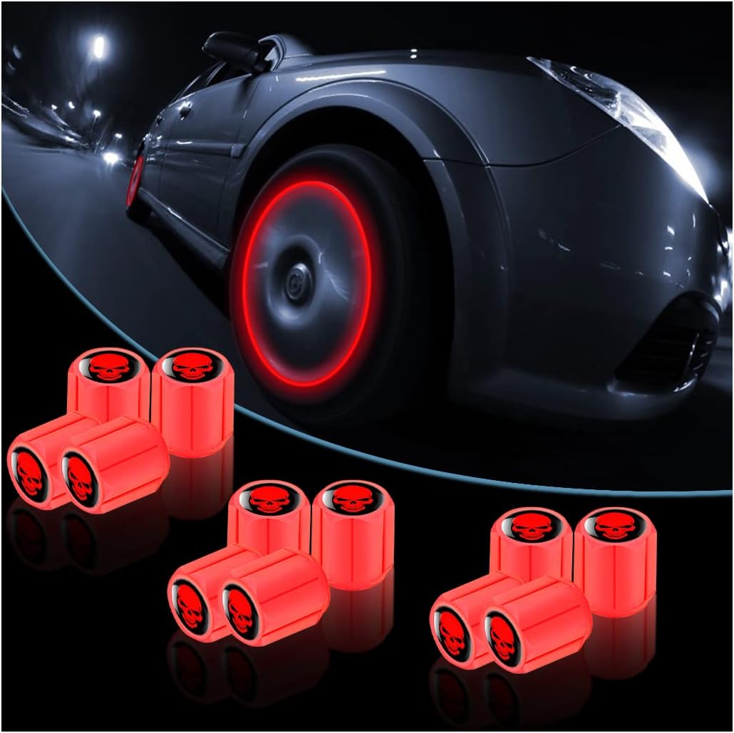12PCS Fluorescent Skull Car Tire Valve Stem Caps, ABS Corrosion Resistant Wheel Valve Cover, Luminous Illuminated Cap Glow in The Dark, Auto Decor Accessories for Motorcycles Bicycles (Red/Red)