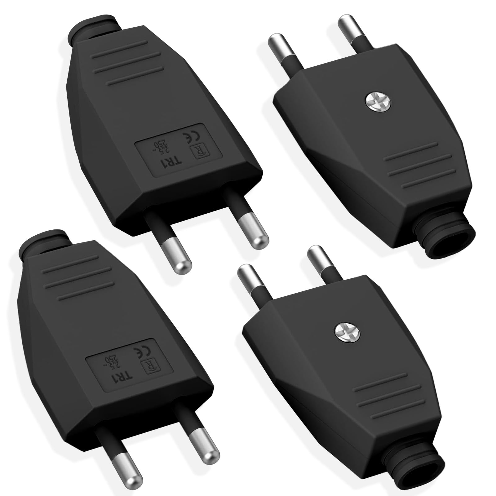 4 Stück männliche Steckdose, elektrischer Stecker, 250 V, 2,5 A, flacher Stecker, Euro-Schuko-Stecker, dekorativ, zum Einbau oder zum Auswechseln, für den Innenbereich