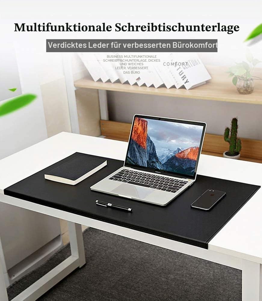 Schreibtischunterlage mit Kantenschutz, weiches Luxus-Leder, 90 x 58 cm, schwarz, mit Kantenverriegelung, Mauspad für Computertastatur, PC und Laptop