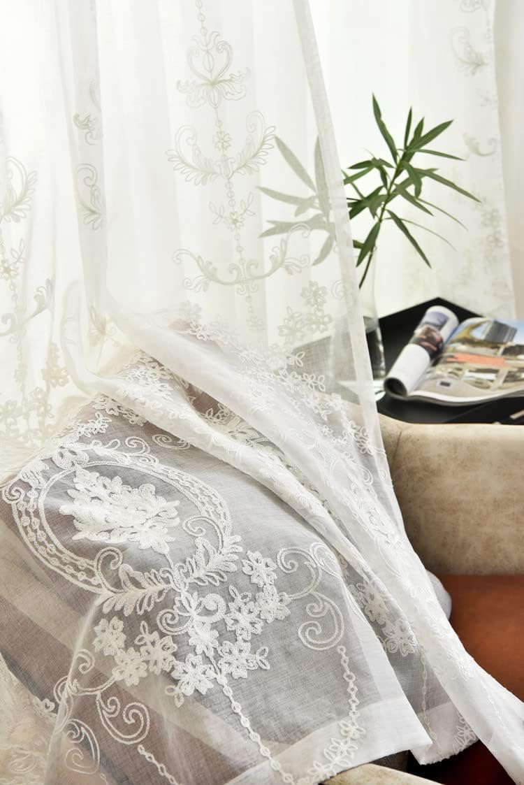High Grade Europern Luxury Embroidered Voile Semi Sheer Curtains Home Decoration Rod Pocket for Living Kids Nursery Room Bedroom(1 Panel, W 100 x L 84 inch, White)