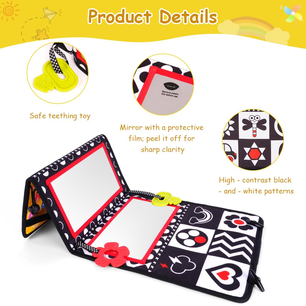 Vicloon Giocattoli a Specchio per Bambini, Libro Sensoriale con Specchio, Tummy Time Bianco e Nero Giocattoli Educativi, Giochi Montessori Neonato, Pieghevole, per Neonati 0-12 Mesi