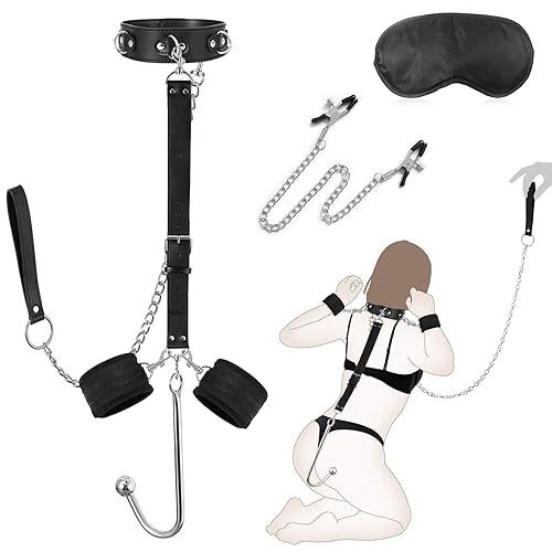 Sex Lit SM Kits de Bondage Menottes, Retenue du Cou au Poignet avec Chaîne Traction, Menottes Sexe & Masque Pour Les Yeux & Plug anal & Pinces à tétons, Jeux Sexuelle Adulte Couple Sextoys