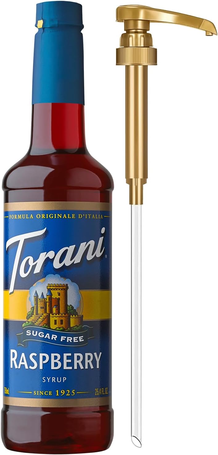 Torani Sugar Free Syrup, Raspberry Flavored Syrup for Drinks, Zero Calorie, Pump Included, 25.4 Fl Oz