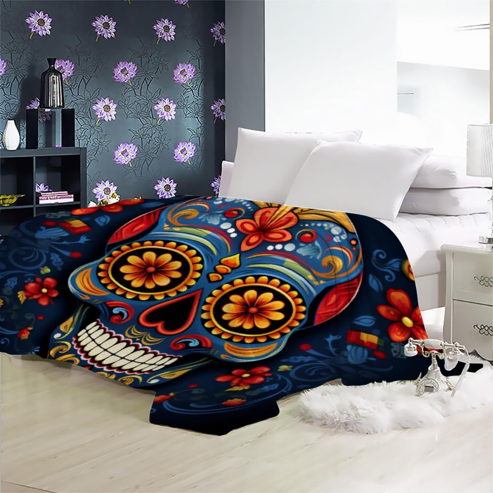 Skull Gothic Throw Blanket 50"x70" - Mexican Hippie Design, Ultra-Soft Fleece Plush Blanket for Couch Bed Sofa, Cozy Lightweight Blanket for Teens Camping Travel, Horror Decor Gifts