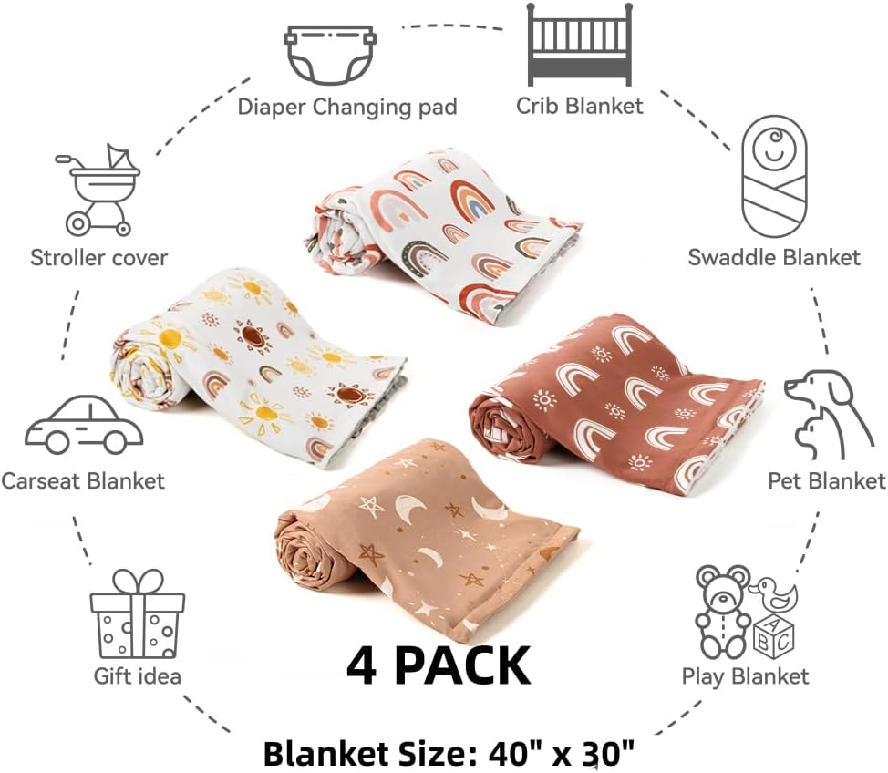 4 Pack Soft Boho Baby Blankets for Unisex Girls or Boys - Breathable Gender Neutral Nursery Double Layer Blankets with Dotted Backing and Boho Print for Newborn Toddlers - Image 7