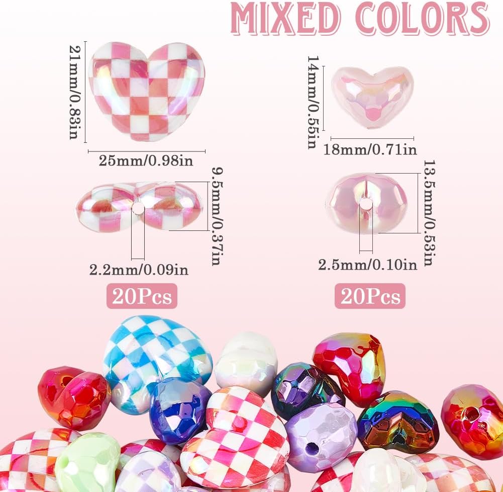 1 Box 40Pcs Acrylic Heart Bead Colorful Shaped Beads Bulk UV Plating Iridescent Plaid Hearts Love Shape Small Loose Spacer Beads for Jewelry Making Bracelet Necklace DIY Crafts Accessories