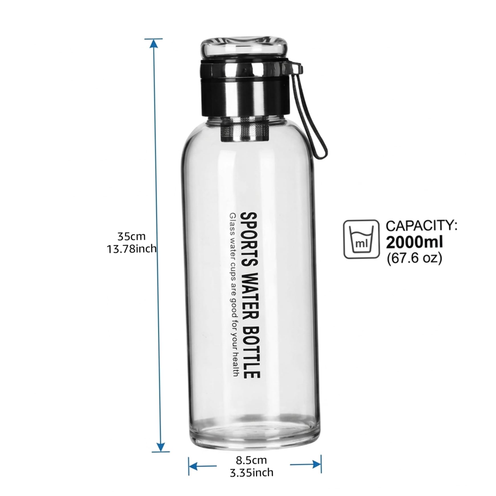 Bouteilles d'eau de 2 litres, bouteille d'eau en verre borosilicate, bouteilles de 2 litres incassables avec double couvercle et infuseur à thé, bouteille en verre avec sac transport pour salle