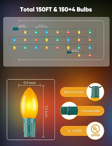 Miniatura 8 de Luces LED vintage C9 de Navidad para exteriores, cadena de luces C9 de 150 pies con 150 bombillas inastillables, impermeables, conectables, luces