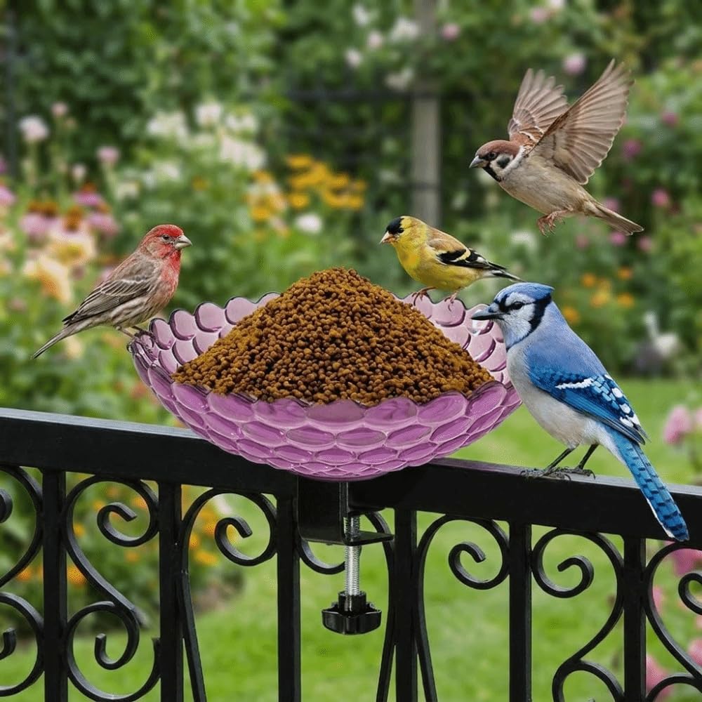 Baño para pájaros para barandilla de balcón, comedero de plástico portátil con abrazadera, cuenco de agua al aire libre para jardín, patio, terraza, ideal para pájaros pequeños